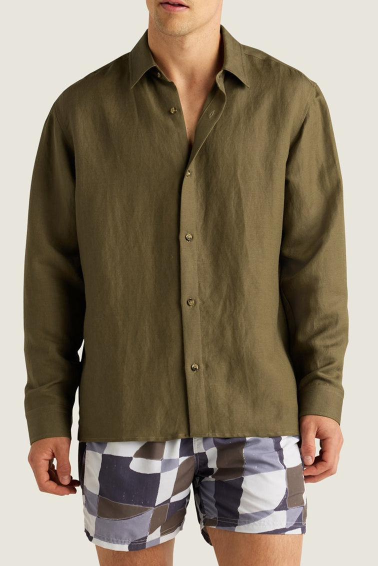 Andrew Long Sleeve Linen Shirt in Moss  AUTO-REPLY