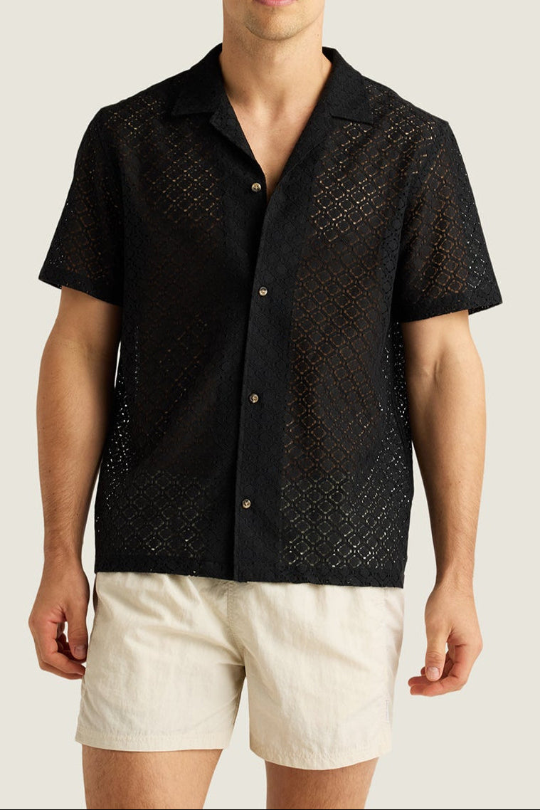 AUTO-REPLY Men's Alex Raschel Open Knit Camp Shirt - Black
